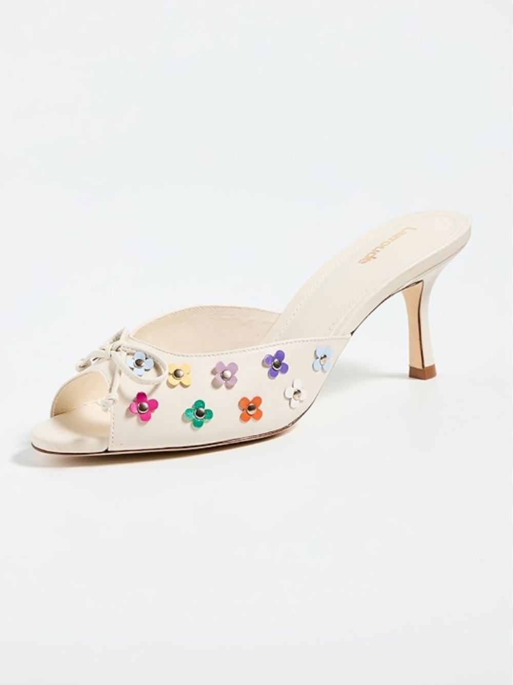 Larroude Cream Slide Mules, Multicolor Flower Studs &Bow sz 7.5 nwot - Picture 3 of 6